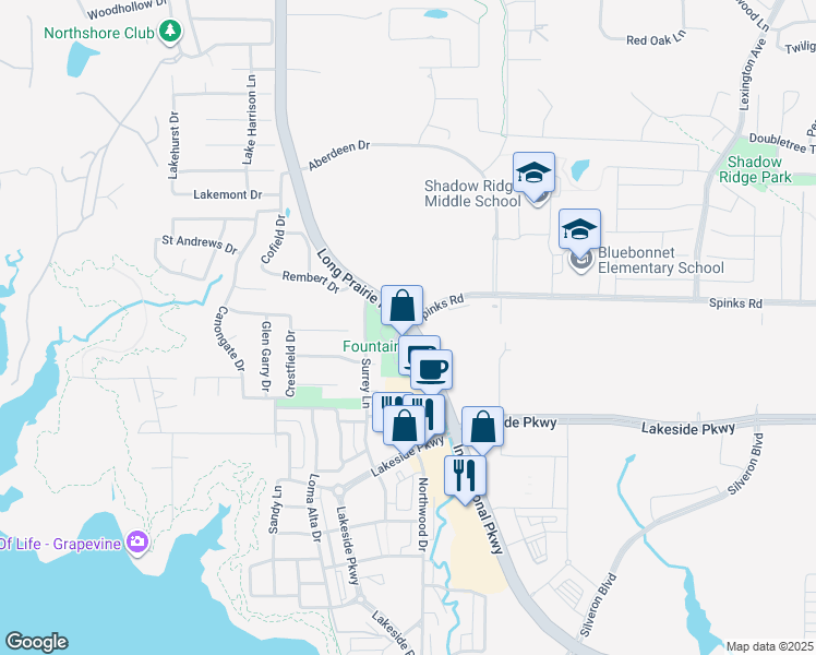 map of restaurants, bars, coffee shops, grocery stores, and more near Farm to Market 2499 & Spinks Rd in Flower Mound