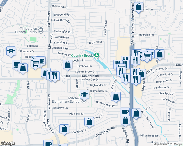 map of restaurants, bars, coffee shops, grocery stores, and more near 4308 Country Brook Drive in Dallas