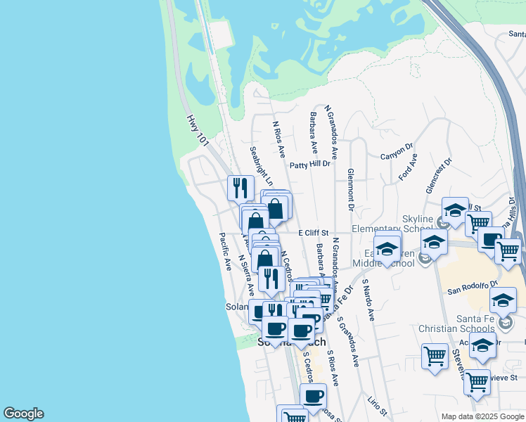 map of restaurants, bars, coffee shops, grocery stores, and more near 505 North Cedros Avenue in Solana Beach