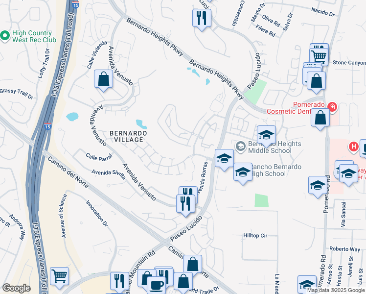 map of restaurants, bars, coffee shops, grocery stores, and more near 12012 Royal Birkdale Row in San Diego