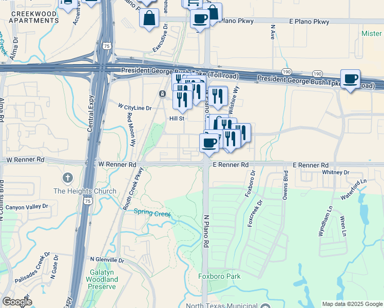 map of restaurants, bars, coffee shops, grocery stores, and more near 1230 CityLine Drive in Richardson