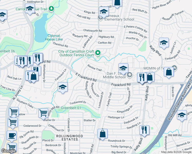 map of restaurants, bars, coffee shops, grocery stores, and more near 3021 Ravine Trail in Carrollton