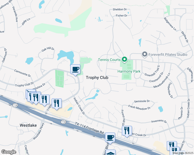 map of restaurants, bars, coffee shops, grocery stores, and more near in Trophy Club