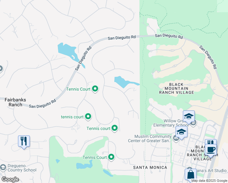 map of restaurants, bars, coffee shops, grocery stores, and more near 17177 Calle Serena in Rancho Santa Fe
