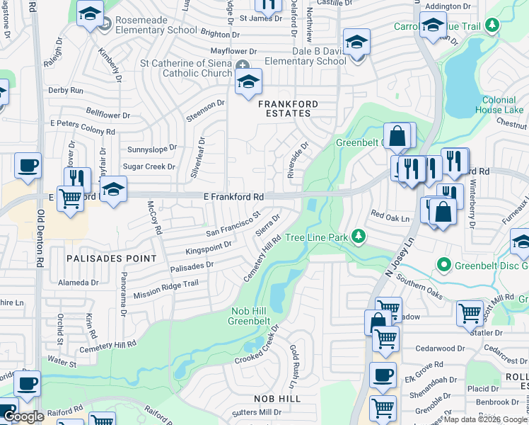 map of restaurants, bars, coffee shops, grocery stores, and more near 1737 San Francisco Street in Carrollton