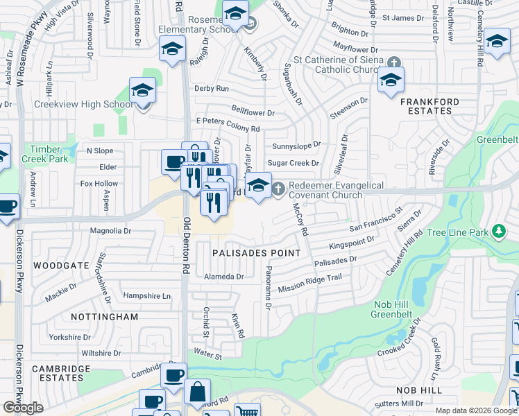 map of restaurants, bars, coffee shops, grocery stores, and more near 1408 Frankford Road East in Carrollton