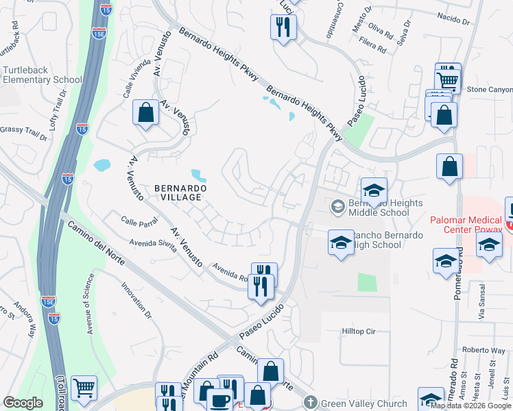 map of restaurants, bars, coffee shops, grocery stores, and more near 12185 Royal Lytham Row in San Diego