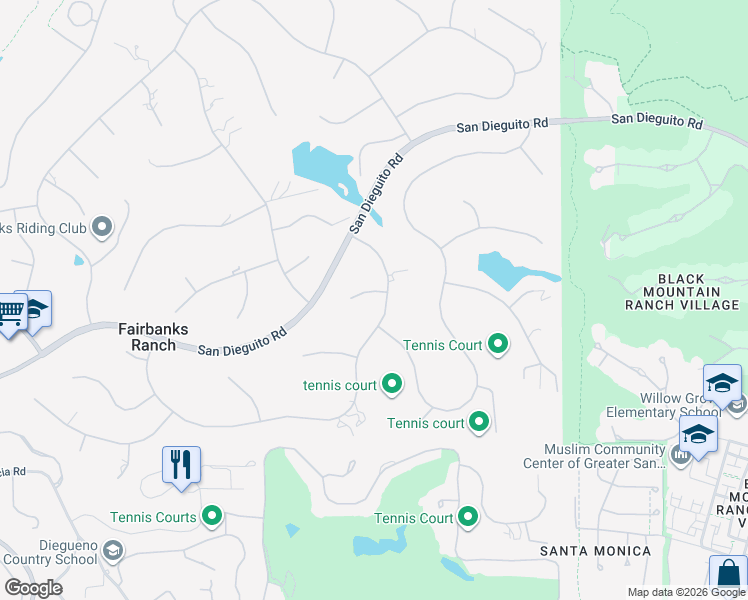 map of restaurants, bars, coffee shops, grocery stores, and more near 16985 Via Cuesta Verde in Rancho Santa Fe