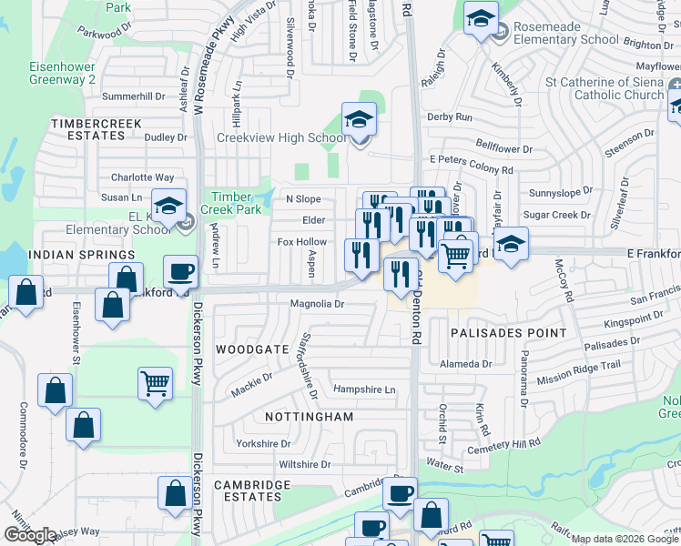 map of restaurants, bars, coffee shops, grocery stores, and more near 3106 Birch Drive in Carrollton