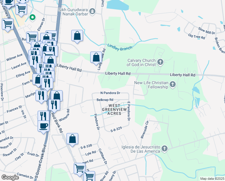 map of restaurants, bars, coffee shops, grocery stores, and more near 118 Qwin Lane in Goose Creek