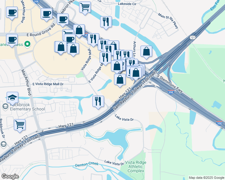 map of restaurants, bars, coffee shops, grocery stores, and more near Texas 121 in Lewisville