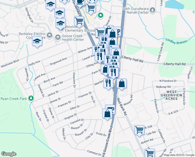 map of restaurants, bars, coffee shops, grocery stores, and more near 105 Farm Road in Goose Creek