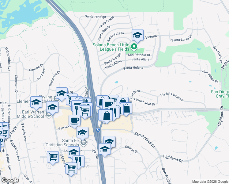 map of restaurants, bars, coffee shops, grocery stores, and more near 1047 Santa Helena Park Court in Solana Beach