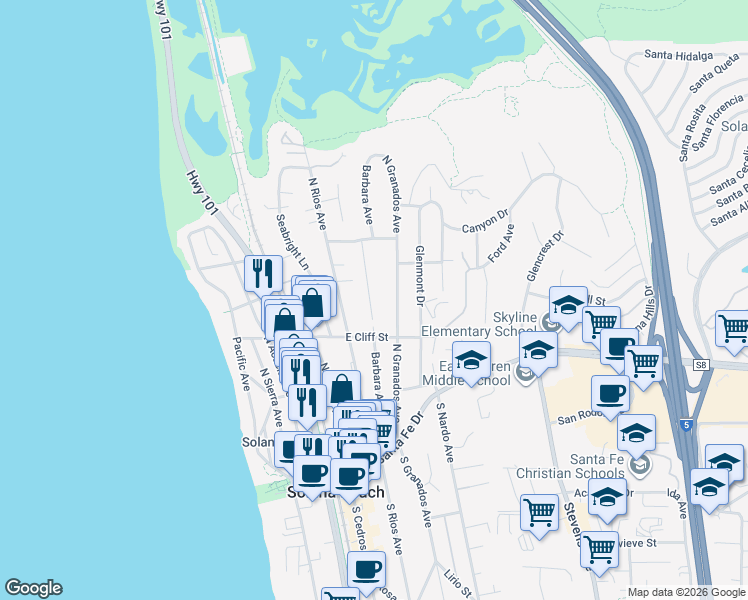map of restaurants, bars, coffee shops, grocery stores, and more near 525 Barbara Avenue in Solana Beach