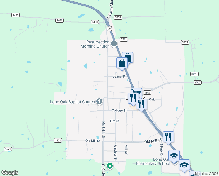 map of restaurants, bars, coffee shops, grocery stores, and more near 207 Gladys Street in Lone Oak
