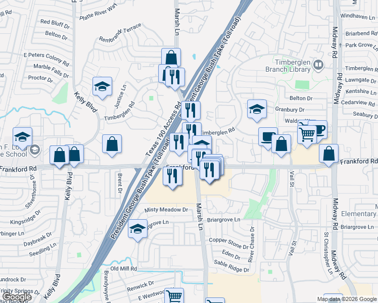 map of restaurants, bars, coffee shops, grocery stores, and more near 18253 Marsh Lane in Dallas