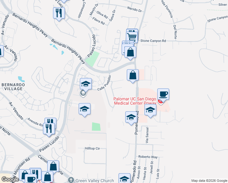 map of restaurants, bars, coffee shops, grocery stores, and more near 12615 Via Galacia in San Diego