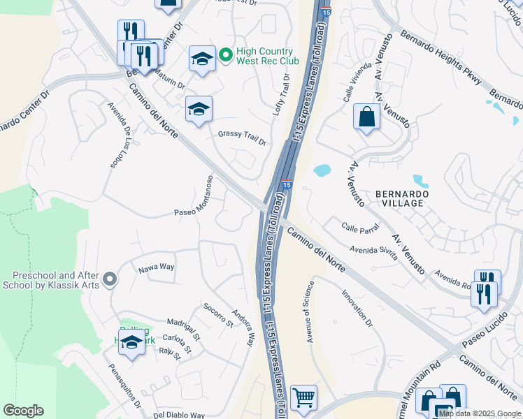 map of restaurants, bars, coffee shops, grocery stores, and more near 15532 Camino del Norte in San Diego