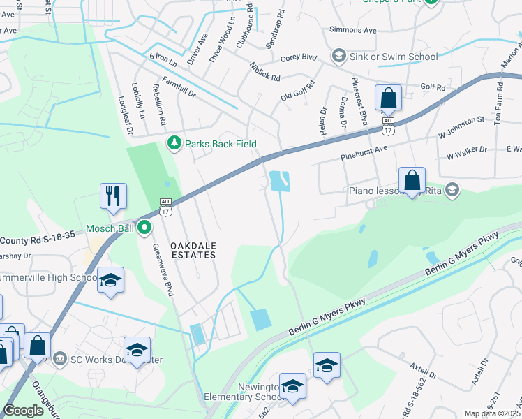 map of restaurants, bars, coffee shops, grocery stores, and more near 122 Luden Drive in Summerville