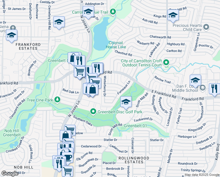 map of restaurants, bars, coffee shops, grocery stores, and more near 2000 White Ash Road in Carrollton