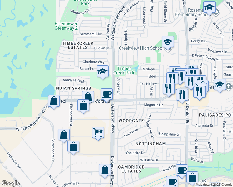 map of restaurants, bars, coffee shops, grocery stores, and more near 3105 Andrew Lane in Carrollton