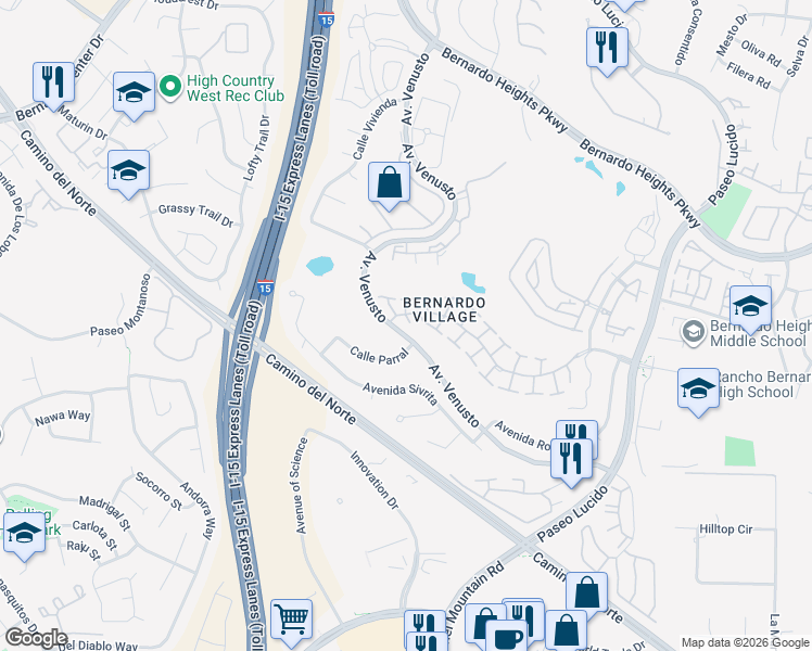 map of restaurants, bars, coffee shops, grocery stores, and more near 11335 Caminito Corriente in San Diego