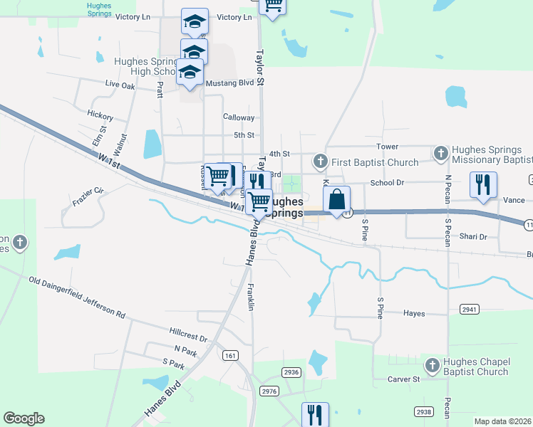 map of restaurants, bars, coffee shops, grocery stores, and more near 102 East 1st in Hughes Springs