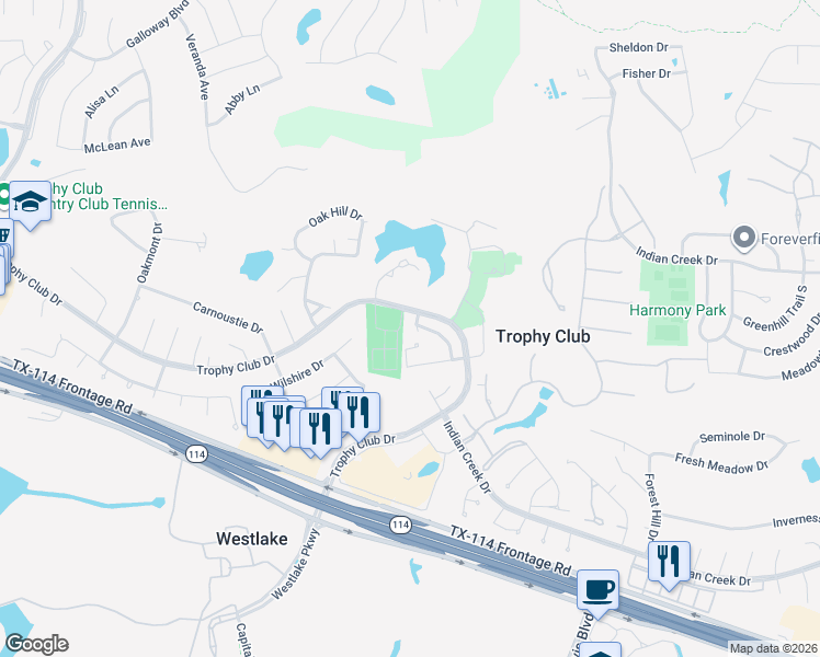 map of restaurants, bars, coffee shops, grocery stores, and more near 128 Summit Cove in Trophy Club