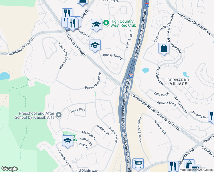 map of restaurants, bars, coffee shops, grocery stores, and more near 11281 Paseo Montanoso in San Diego
