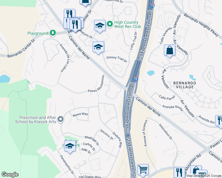map of restaurants, bars, coffee shops, grocery stores, and more near 11281 Paseo Montanoso in San Diego