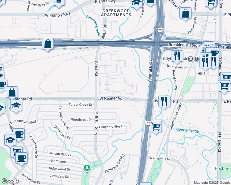 map of restaurants, bars, coffee shops, grocery stores, and more near 280 West Renner Road in Richardson