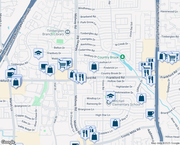 map of restaurants, bars, coffee shops, grocery stores, and more near 4055 Frankford Road in Dallas