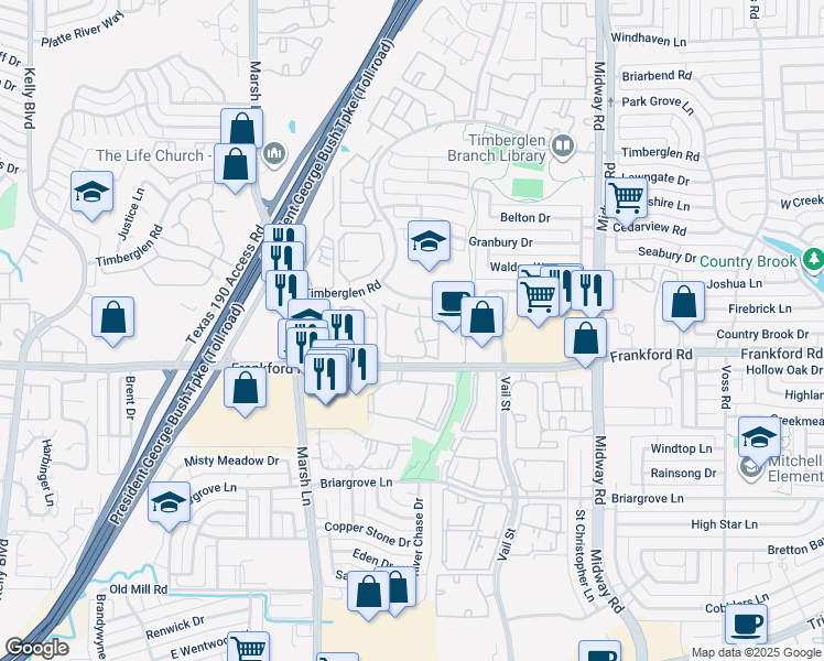 map of restaurants, bars, coffee shops, grocery stores, and more near 3621 Frankford Road in Dallas