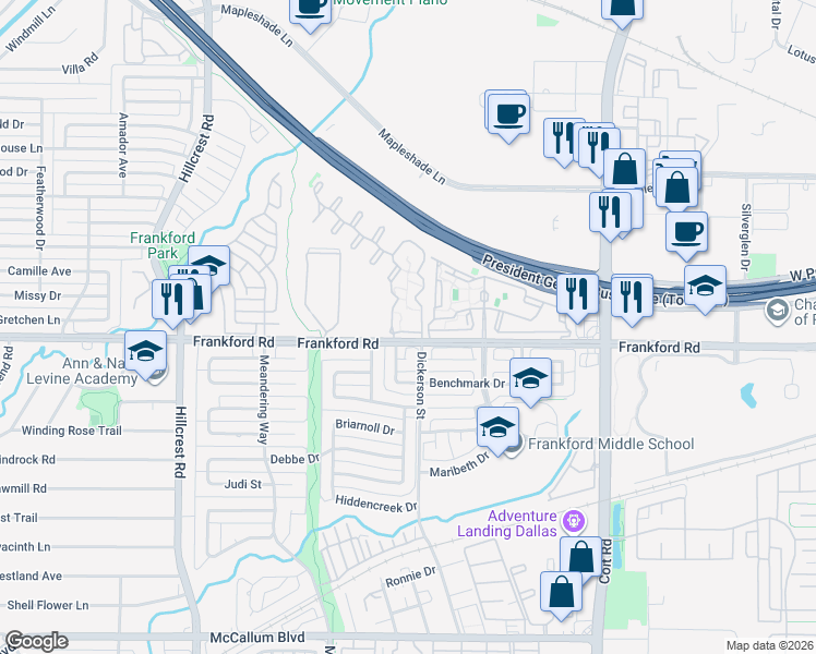 map of restaurants, bars, coffee shops, grocery stores, and more near 7421 Frankford Road in Dallas