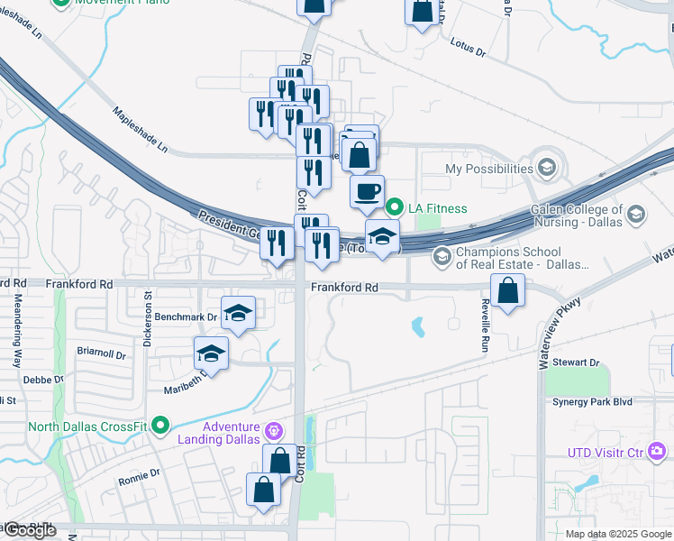 map of restaurants, bars, coffee shops, grocery stores, and more near 8011 Frankford Road in Dallas