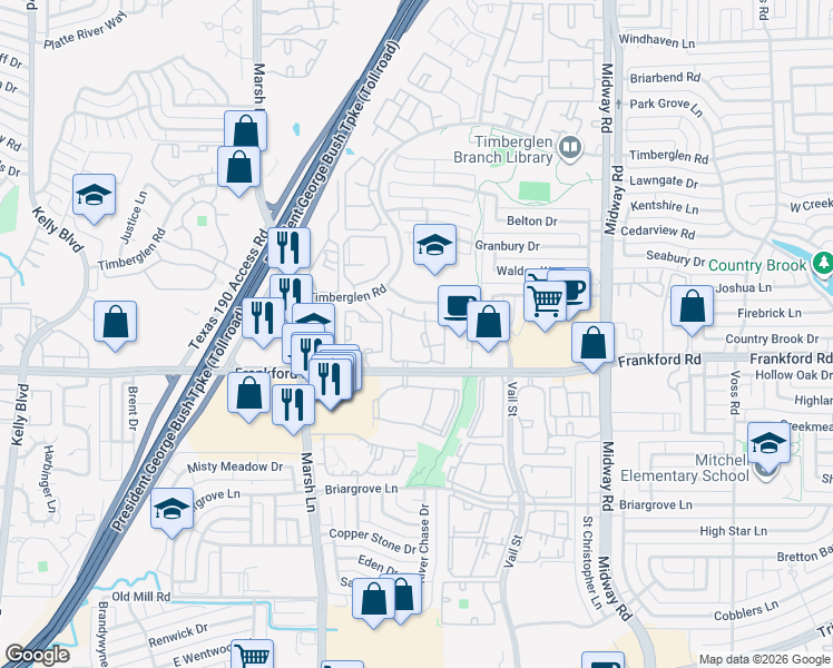 map of restaurants, bars, coffee shops, grocery stores, and more near 3621 Frankford Road in Dallas