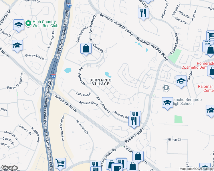 map of restaurants, bars, coffee shops, grocery stores, and more near 11684 Caminito Corriente in San Diego