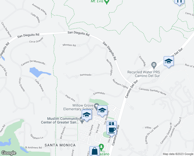 map of restaurants, bars, coffee shops, grocery stores, and more near 7671 Iluminado in San Diego