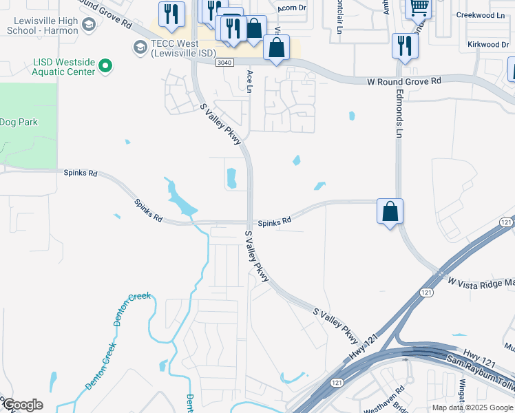 map of restaurants, bars, coffee shops, grocery stores, and more near 2601 South Valley Parkway in Lewisville