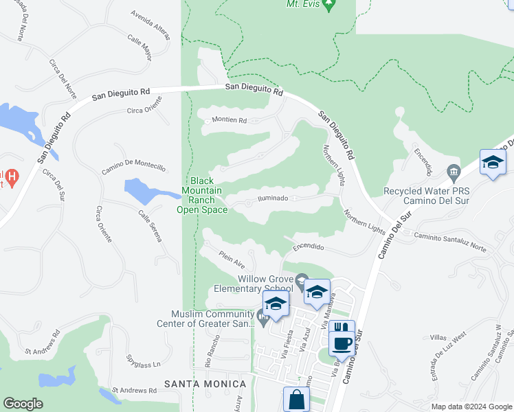 map of restaurants, bars, coffee shops, grocery stores, and more near 7631 Iluminado in San Diego
