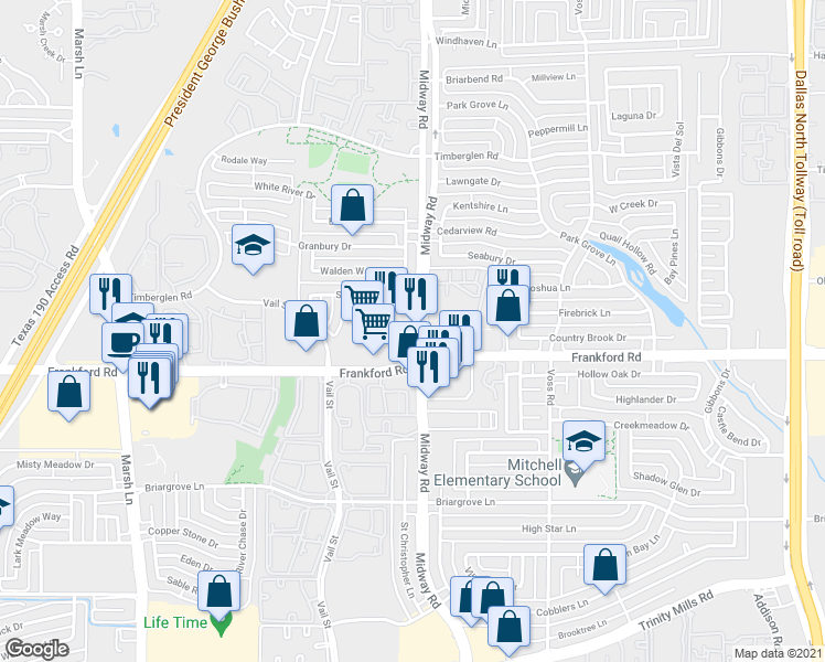 map of restaurants, bars, coffee shops, grocery stores, and more near 18221 Midway Rd in Dallas
