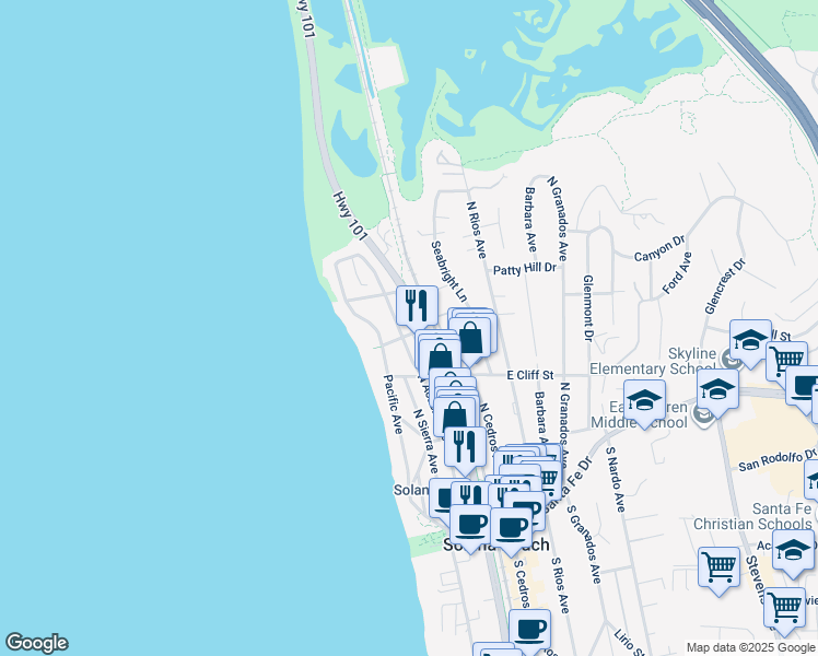 map of restaurants, bars, coffee shops, grocery stores, and more near 505 North Highway 101 in Solana Beach