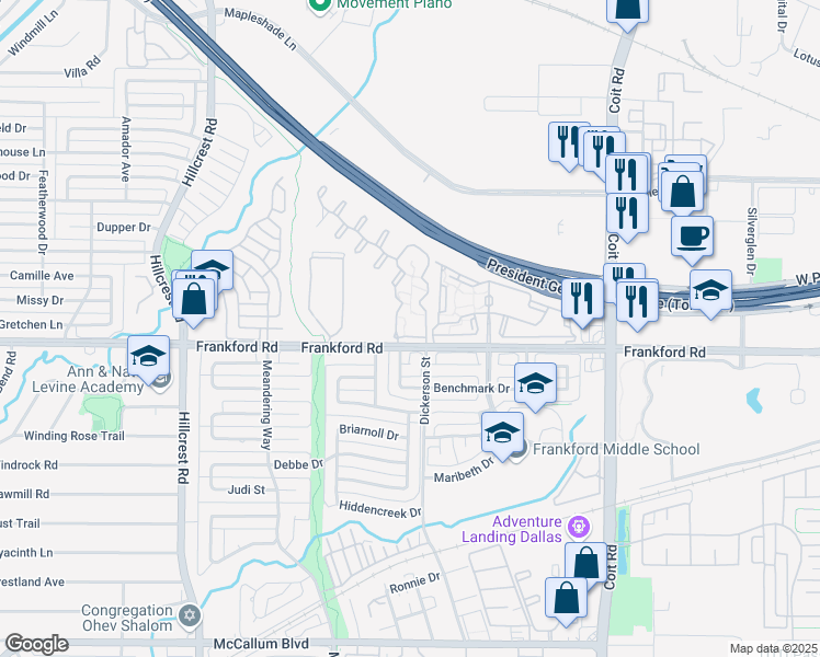 map of restaurants, bars, coffee shops, grocery stores, and more near 7421 Frankford Road in Dallas
