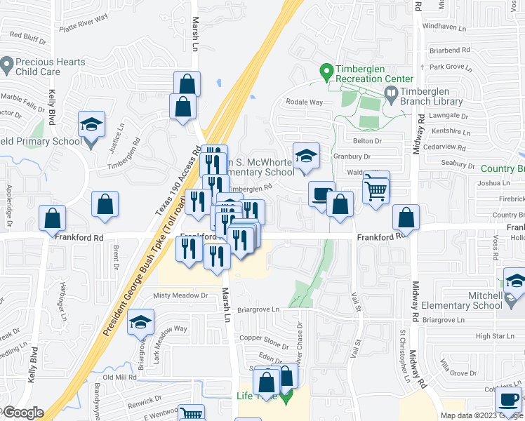 map of restaurants, bars, coffee shops, grocery stores, and more near 3613 Frankford Road in Dallas