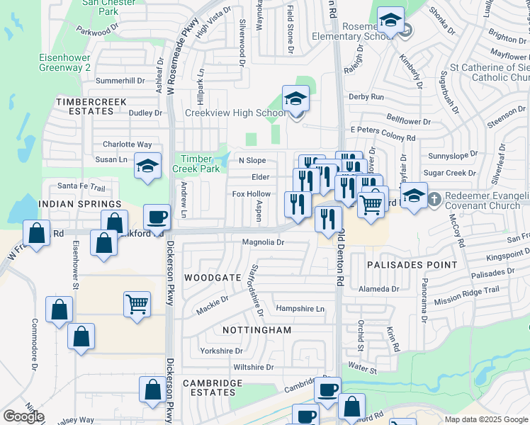 map of restaurants, bars, coffee shops, grocery stores, and more near 3109 Aspen in Carrollton