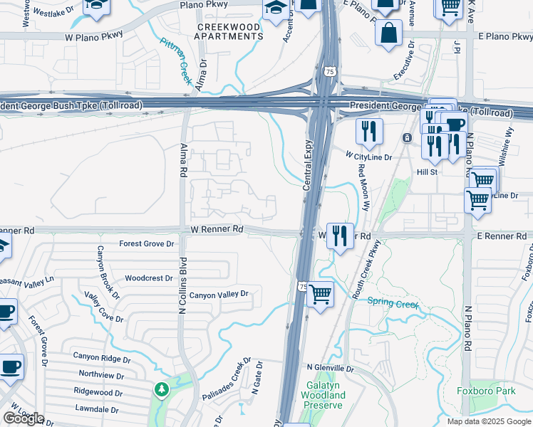 map of restaurants, bars, coffee shops, grocery stores, and more near 280 West Renner Road in Richardson
