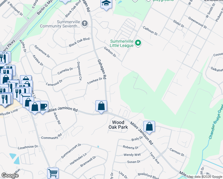 map of restaurants, bars, coffee shops, grocery stores, and more near 202 Bayberry Run in Summerville