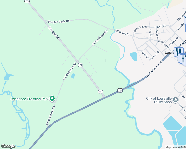 map of restaurants, bars, coffee shops, grocery stores, and more near 1274 Georgia 171 in Louisville