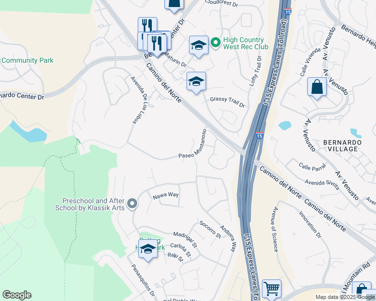 map of restaurants, bars, coffee shops, grocery stores, and more near 15610 Corte Raposo in San Diego