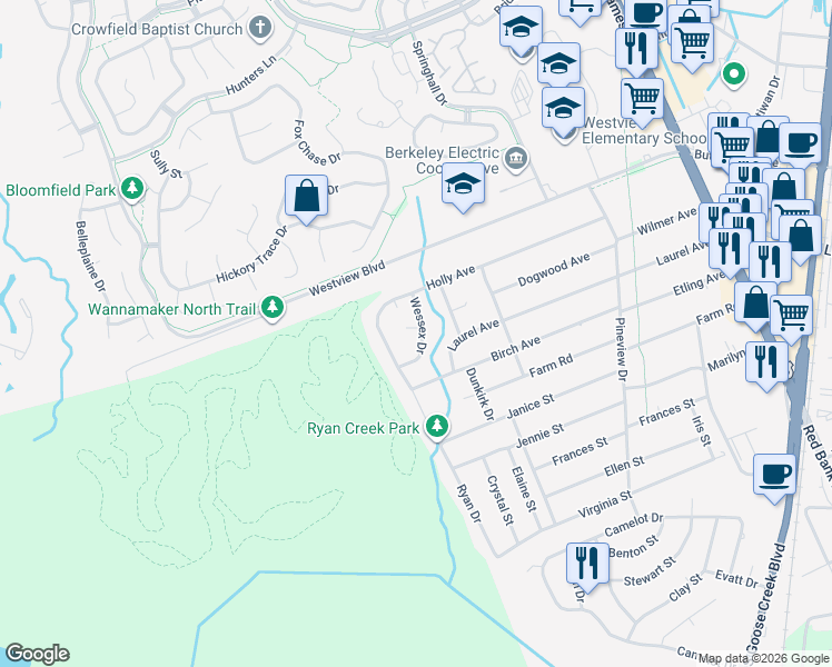 map of restaurants, bars, coffee shops, grocery stores, and more near 116 Williamsburg Court in Goose Creek